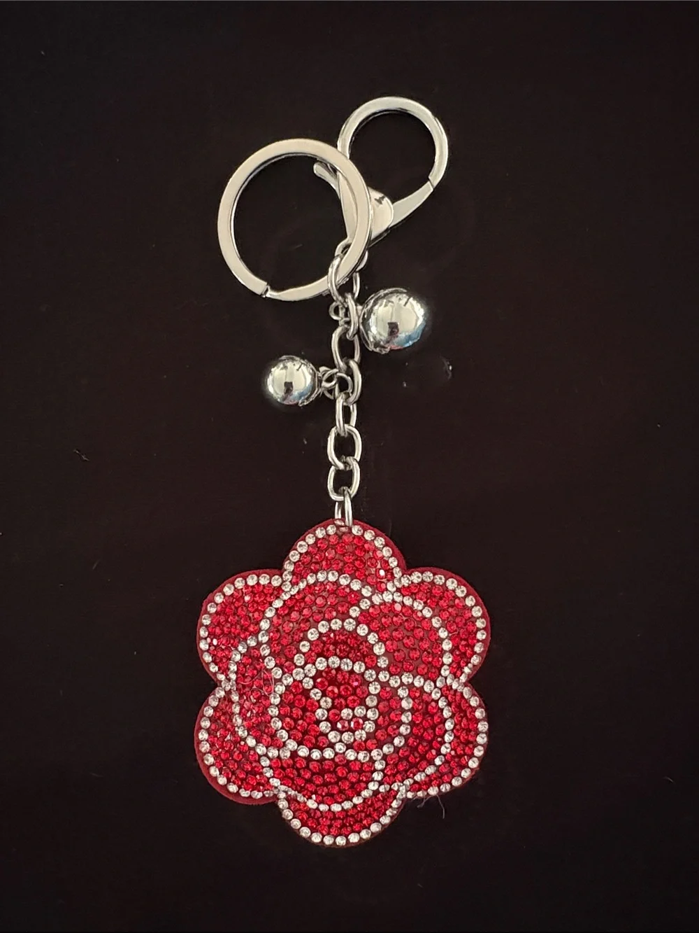 Red Rhinestone Puffy Flower Keychain Bag Charm with Silver Hardware